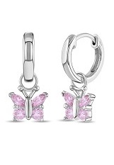 little silver pink cubic zirconia butterfly dangle hoop baby earrings